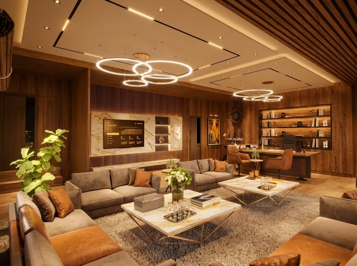 Sala moderna diseñada por Aventi, iluminada con luz dorada cálida