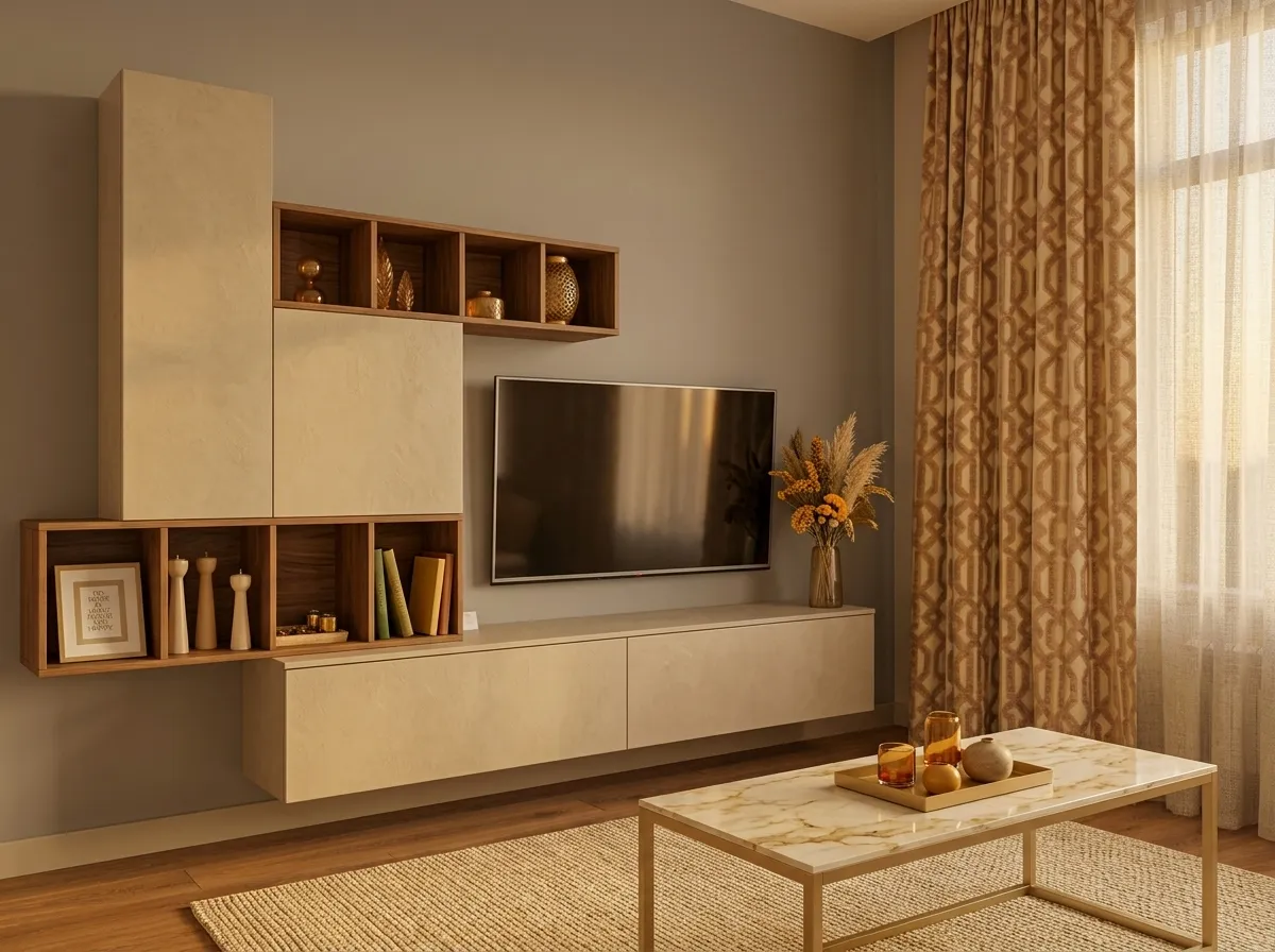 Modular de TV con paneles de madera y LED dorado integrado