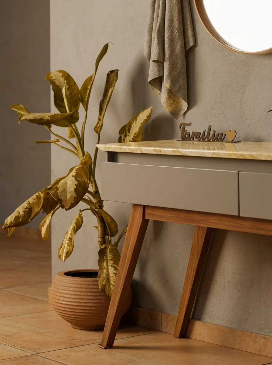 Mueble recibidor fabricado a medida, decorado con accesorios y plantas